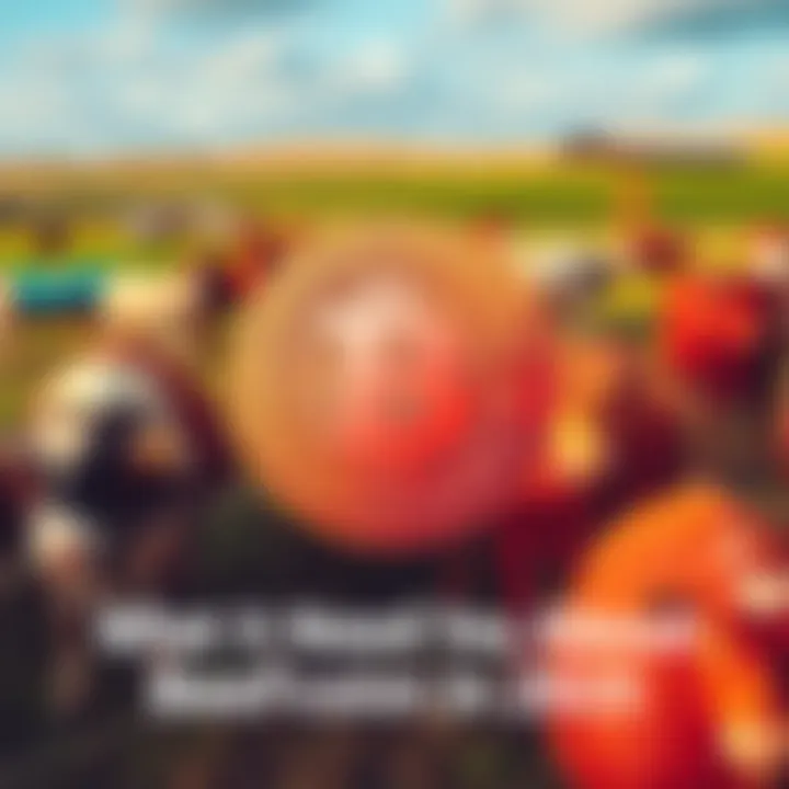 Digital currency symbol of Beefcoin overlaying a beef industry scene with cattle and farms