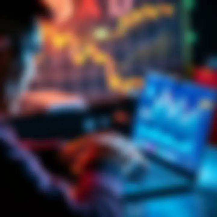 A person examining cryptocurrency options on a laptop with graphs and digital currency symbols on the screen