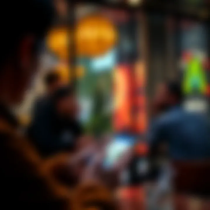 A person looking at a smartphone with cryptocurrency apps open, discussing investment options with a friend at a coffee shop.