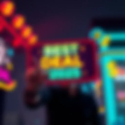 A person excitedly pointing at a sign that says 'Best Deal of 2025' with colorful graphics and dollar signs around