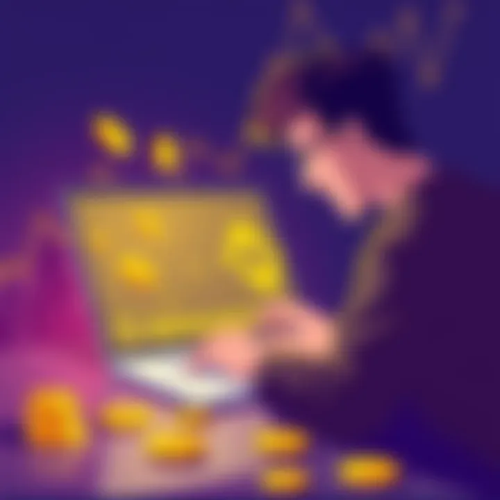 Illustration showing a person analyzing cryptocurrency investments on a laptop with Binance logo. There are coins and charts around, representing growth and passive income.