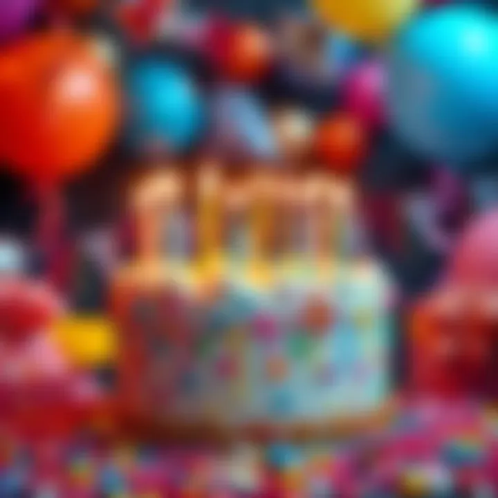 A colorful birthday cake with candles surrounded by festive decorations and balloons.