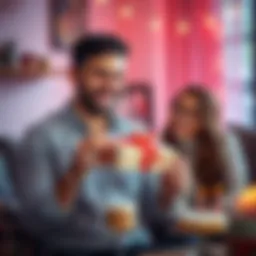 A man smiles while holding a gift from his wife, celebrating his birthday together at home