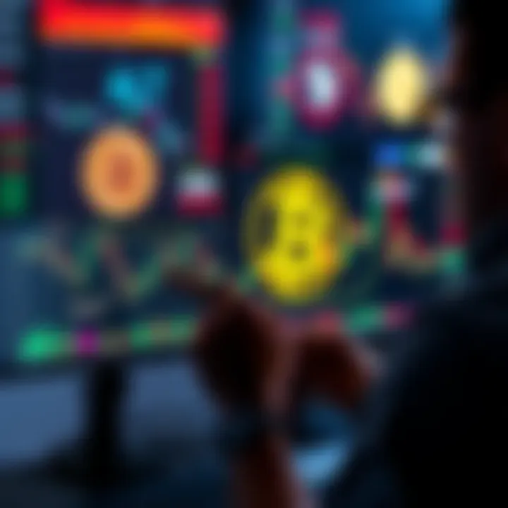 A person analyzing charts on a screen, with Bitcoin symbols in the background and altcoin logos displayed.