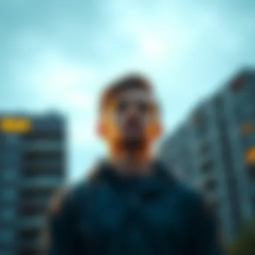A man contemplating selling Bitcoin to afford his first apartment rent, with a Bitcoin symbol and an apartment building in the background.