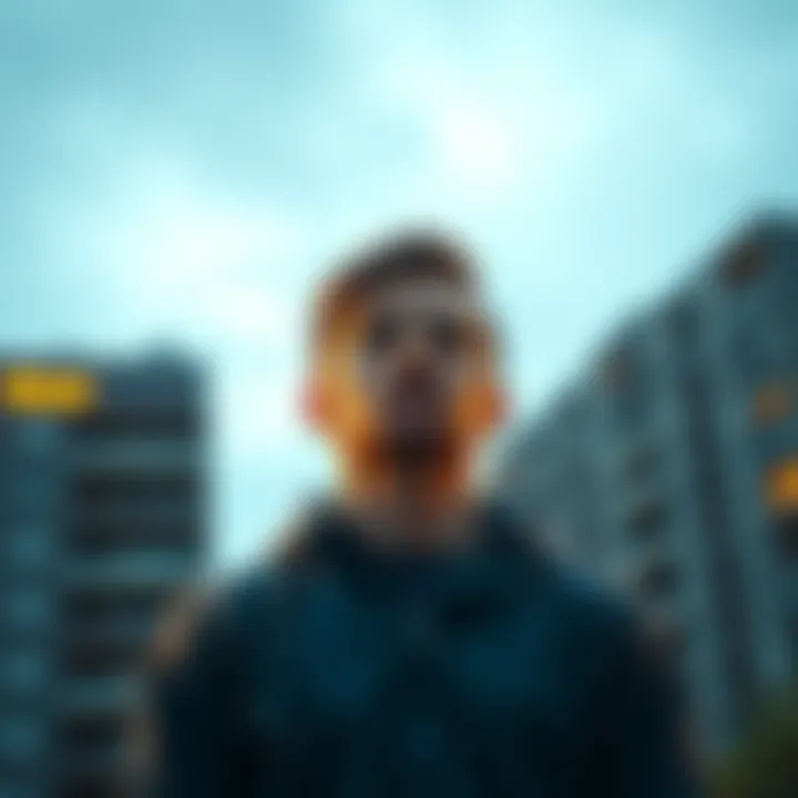 A man contemplating selling Bitcoin to afford his first apartment rent, with a Bitcoin symbol and an apartment building in the background.