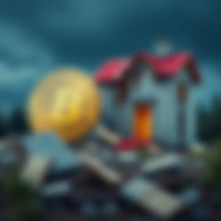 A visual contrast between a Bitcoin coin and a dilapidated house symbolizing bad investments.