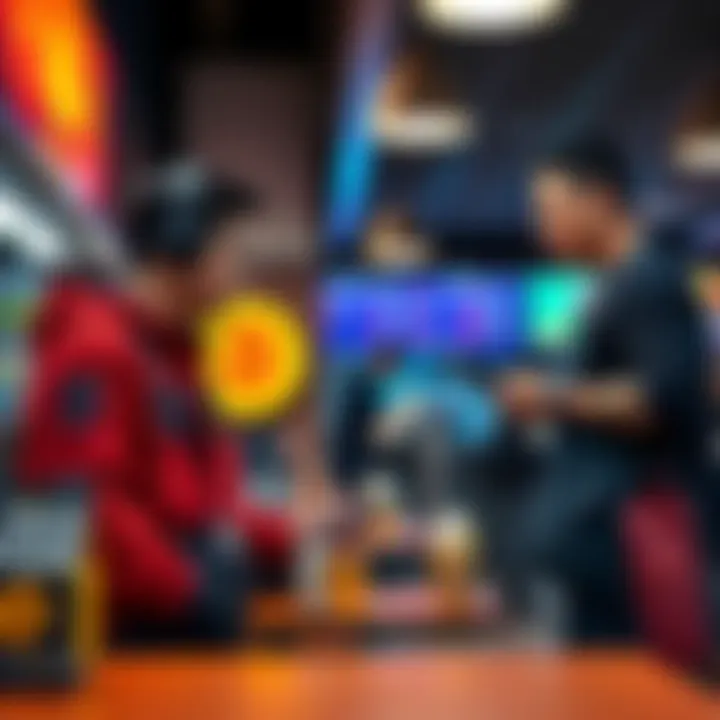 A canteen staff member accepting a Bitcoin payment from a customer using a mobile device
