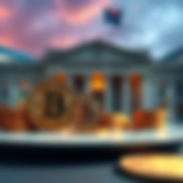 An illustration showing Bitcoin coins with a central bank building in the background, symbolizing the integration of Bitcoin into financial reserves.