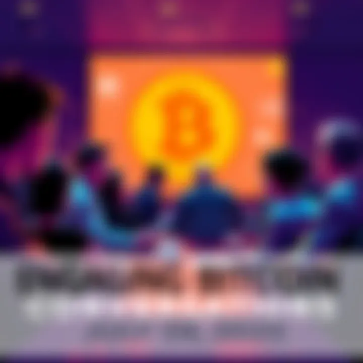 A group of people engaging in a lively discussion about Bitcoin in a forum setting, sharing ideas and asking questions.