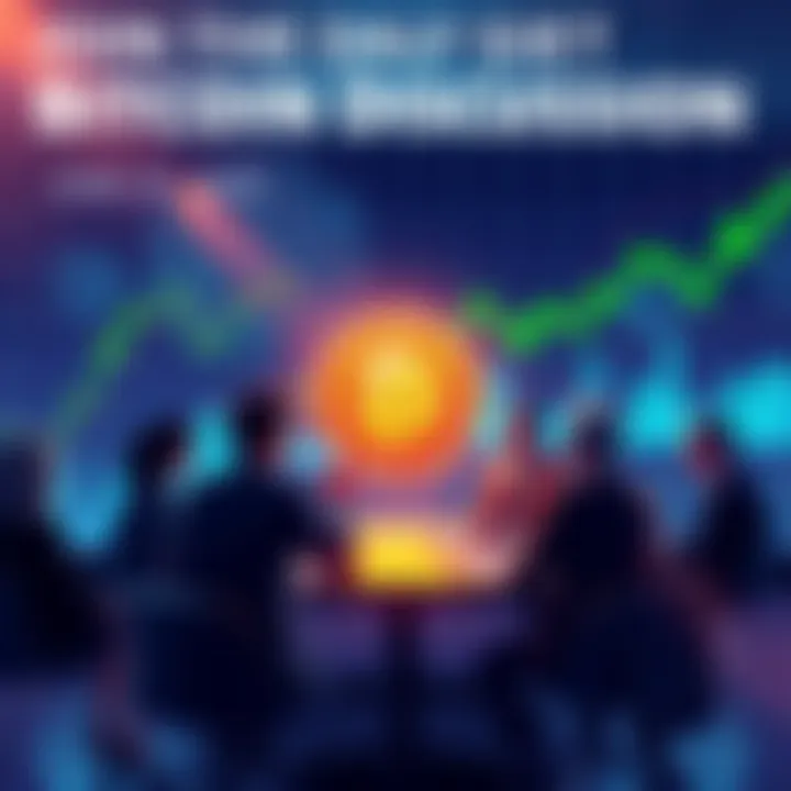 A group of people engaging in a discussion about Bitcoin, with charts and graphics in the background.