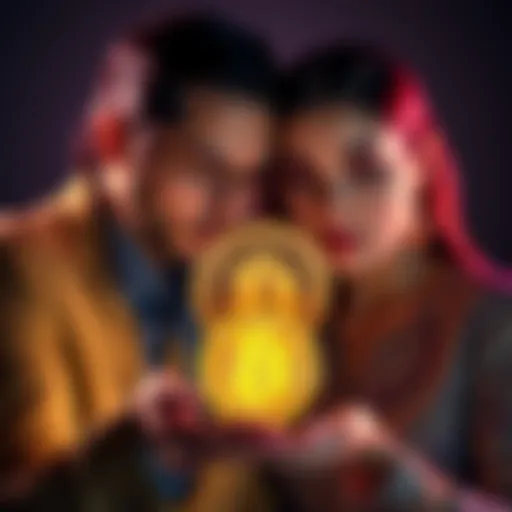 A couple with divided assets, one holding a Bitcoin symbol, representing the division of BTC during a divorce
