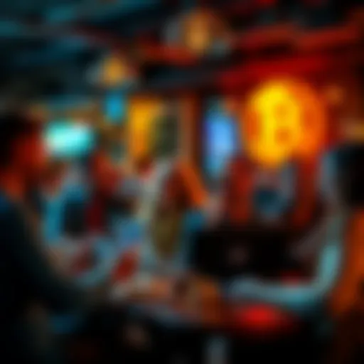 A group of people passionately discussing Bitcoin at a café, some holding laptops and smartphones, showcasing enthusiasm about cryptocurrency.