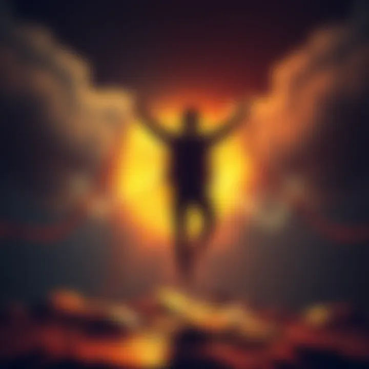 A person breaking free from chains representing traditional finance, with Bitcoin logo shining brightly in the background.