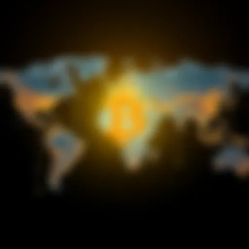 A Bitcoin symbol overlaid on a map of the world, representing its potential as a universal currency.