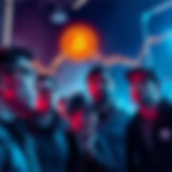 A group of people looking at a falling Bitcoin chart with worried expressions, highlighting uncertainty in cryptocurrency investments