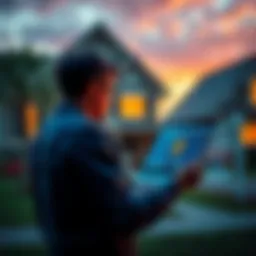 A person looking at a Bitcoin wallet on a laptop while standing in front of a house for sale, showing the struggle of converting crypto wealth into real estate.