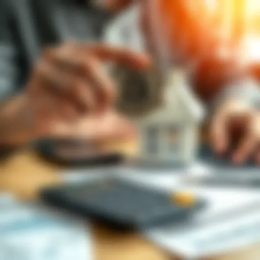 A person holding a Bitcoin while looking at a house model with a calculator and financial papers on the table.