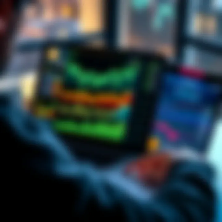 A person analyzing Bitcoin trends on a laptop with graphs and charts displayed