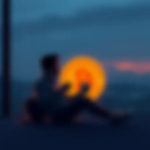 A person sitting peacefully with a Bitcoin symbol in the background, enjoying a quiet morning with a cup of coffee, reflecting on the calm after the crypto hype.