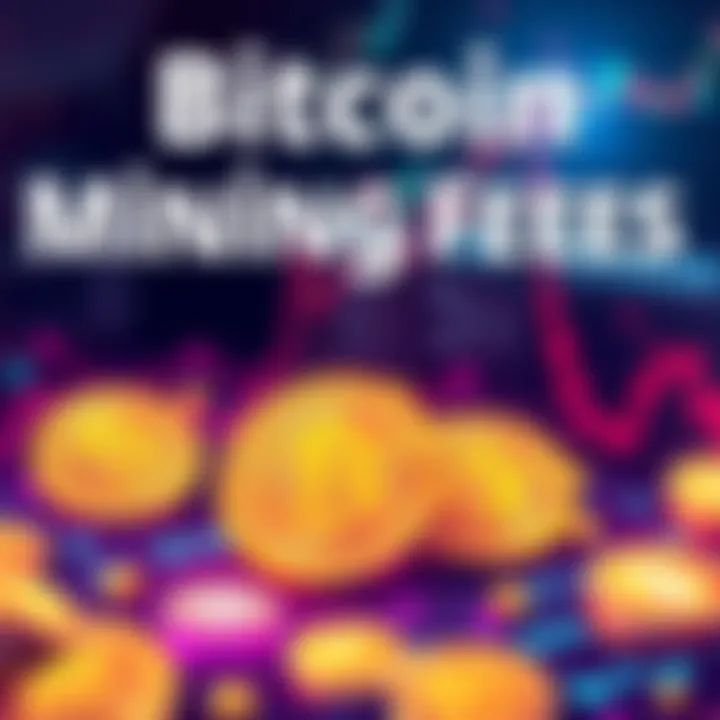 Illustration showing Bitcoin mining with a focus on transaction fees supporting miners, with graphics of coins and charts representing network health.