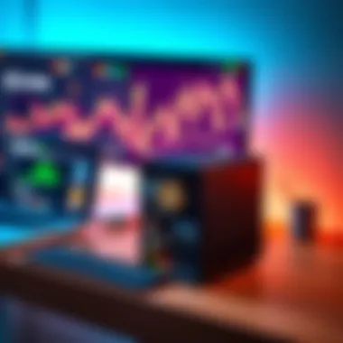 A NMMiner 410K/HS Bitcoin mining machine placed on a wooden desk with a laptop and crypto graphics in the background.