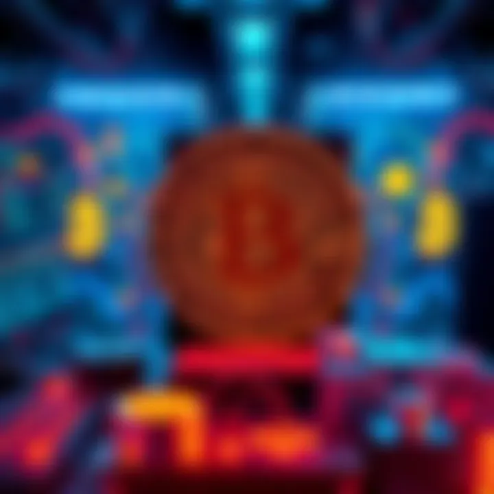 A graphic showing the Bitcoin mining process with miners working on computers and digital currency symbols