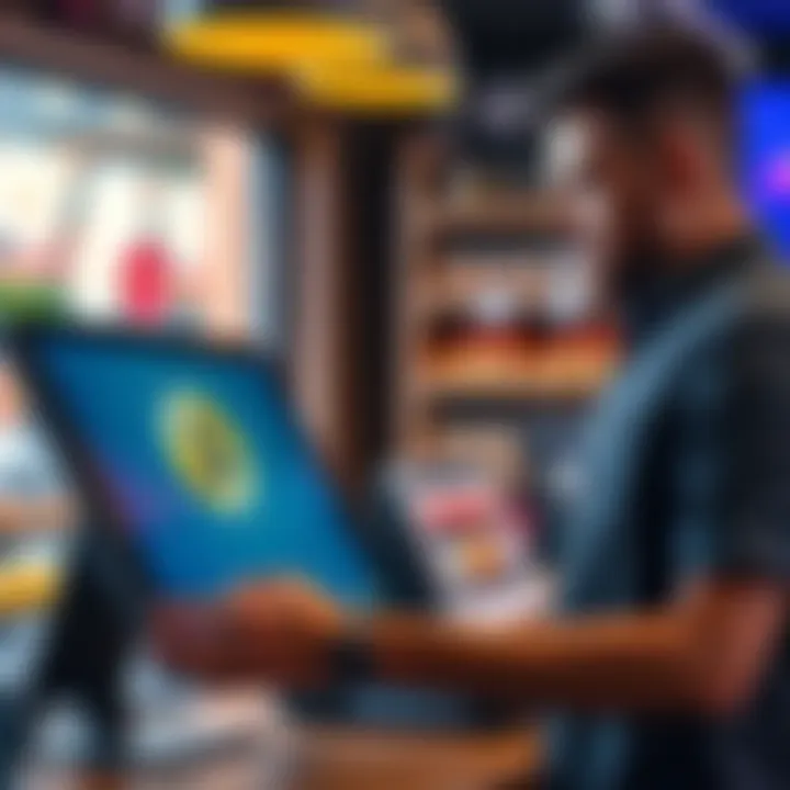 A small business owner uses a touchscreen POS system to accept Bitcoin payments, showing a Bitcoin logo on the screen.