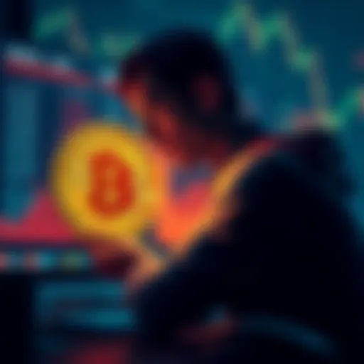 A frustrated buyer looking at Bitcoin prices on a computer screen with large fluctuations displayed