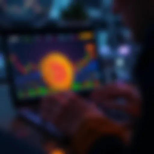A person analyzing a Bitcoin chart on a laptop with graphs and numbers, symbolizing investment and speculation in cryptocurrency.