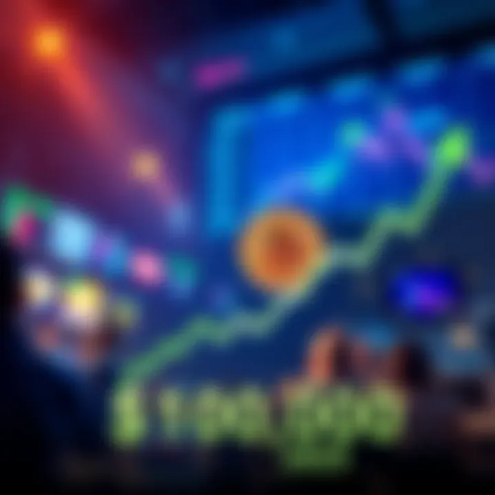 A graph showing Bitcoin's price climbing over $110,000 with green upward arrows and excited traders in the background