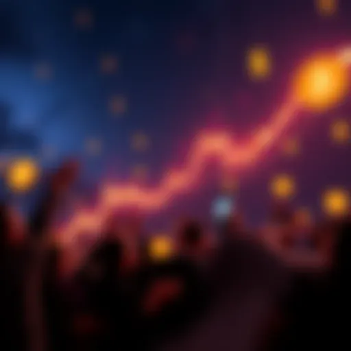 A graphic showing Bitcoin price chart pointing upward, indicating a new all-time high with dollar signs and excited people in the background.