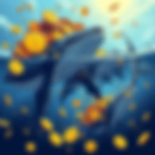 Illustration of large whales swimming away with Bitcoin coins, representing investors selling their assets