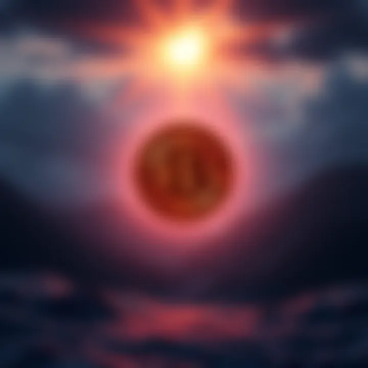 A glowing Bitcoin symbol floating above a serene landscape, representing the idea of digital currency existing beyond life.