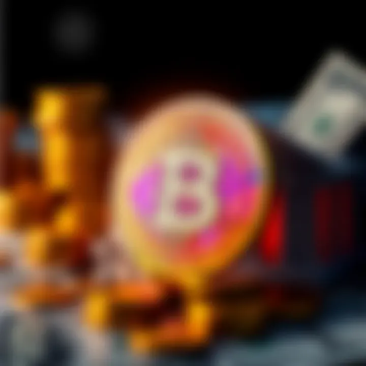 A digital representation of a Bitcoin symbol next to a traditional bank building, illustrating the contrast between cryptocurrency and traditional banking, with coins and dollar bills in the background.