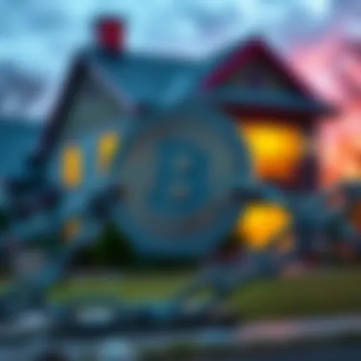 A Bitcoin symbol breaking free from chains representing bank control, with a house in the background