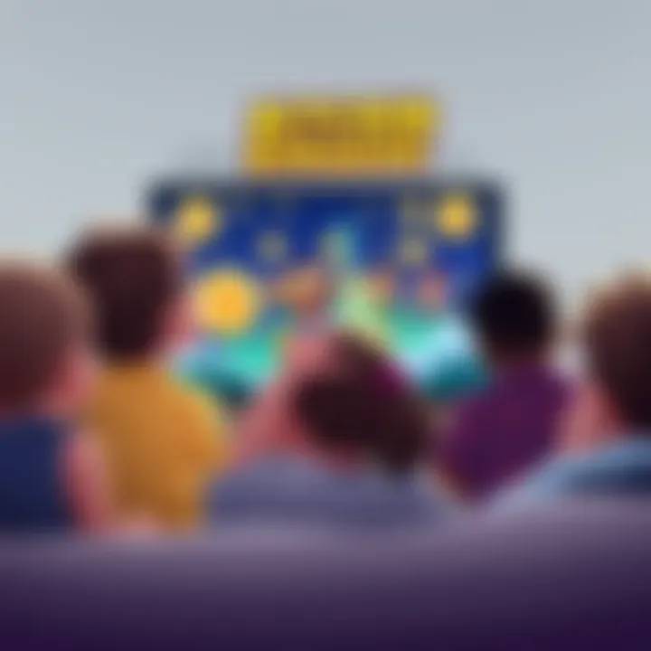 Kids excitedly watching the animated series 'Bitcoin Brigade: Adventures in Satoshi City' featuring colorful characters and Bitcoin themes