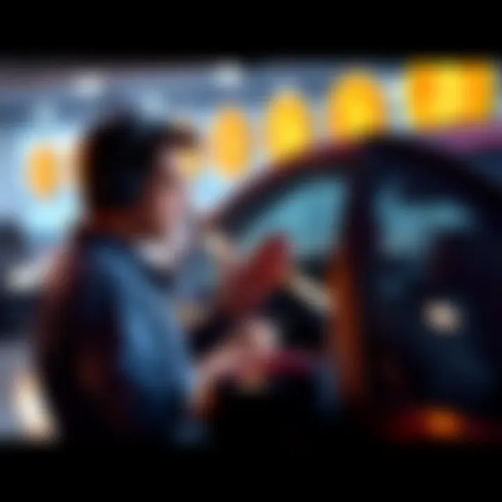A person discussing loan options while looking at a new car with Bitcoin symbols in the background