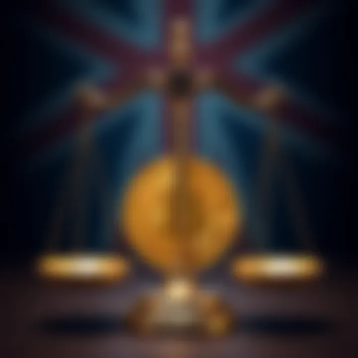 A depiction of the Bitcoin symbol along with a balance scale representing justice, emphasizing the $6.7 billion case involving 128,000 victims in Britain.