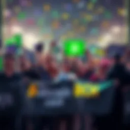 A group of people celebrating Bitcoin Cash with banners and signs, showing support for cryptocurrency.