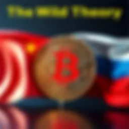 A Bitcoin symbol surrounded by the flags of China and Russia, representing a theory about their involvement in its creation