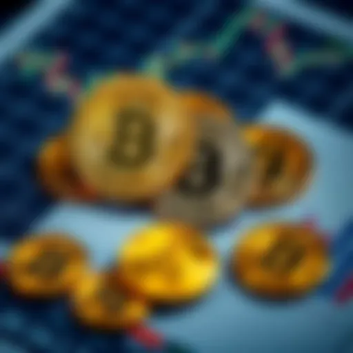 A collection of shiny Bitcoin coins placed on financial charts, symbolizing Bitcoin's role in global currency discussions.