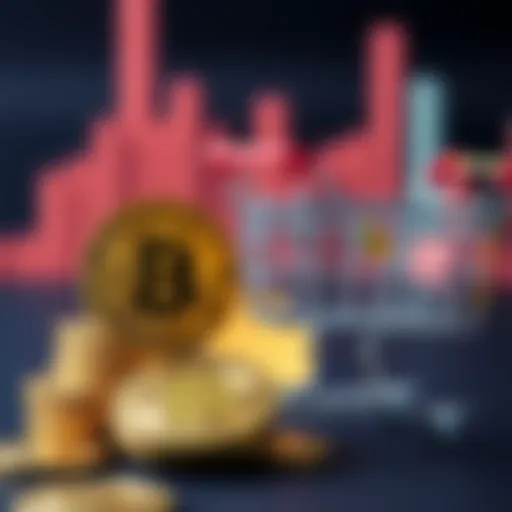 A collection of Bitcoin coins next to a shopping cart, symbolizing spending vs holding BTC.