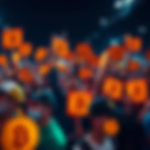 A group of people holding Bitcoin signs and cheering together, showing excitement to boost Bitcoin's value.