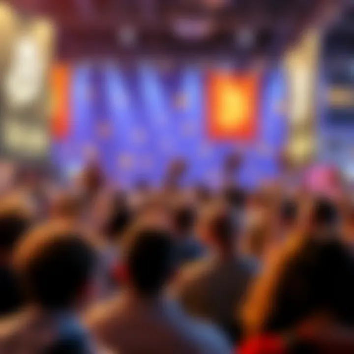 People excitedly discussing Bitcoin ahead of the conference, with banners and cryptocurrency symbols in the background.