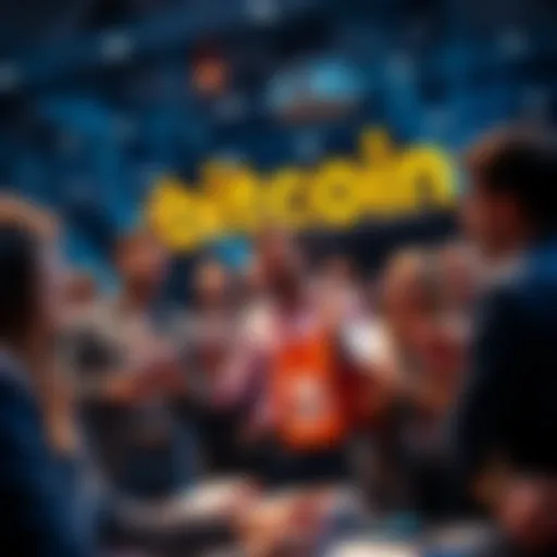 People excitedly discussing ticket options for the Bitcoin Conference, showcasing promotional materials and discounts.