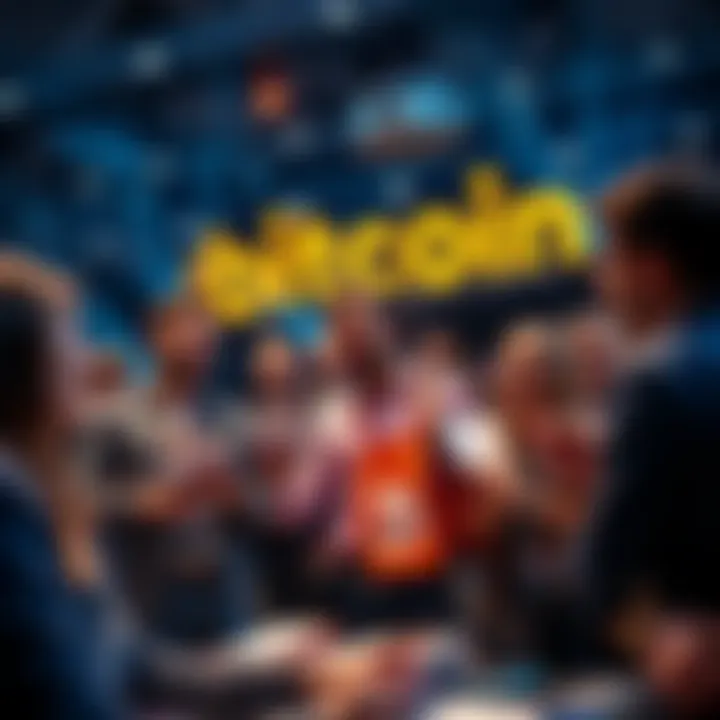 People excitedly discussing ticket options for the Bitcoin Conference, showcasing promotional materials and discounts.