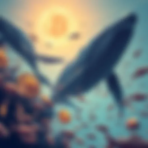 Illustration showing large whales representing major Bitcoin holders while small fish symbolize ordinary people, highlighting the power dynamics in cryptocurrency ownership.