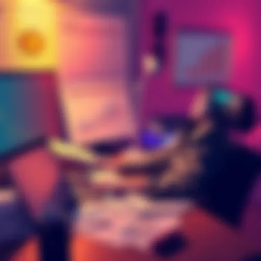 A person sitting at a desk, using a laptop to track Bitcoin purchases and investments while surrounded by financial documents.