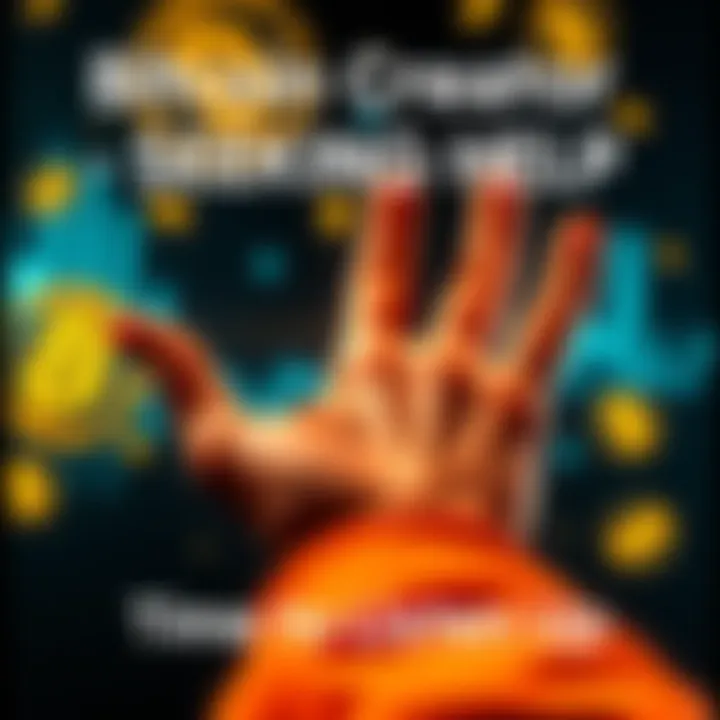 A graphic representation of a person reaching out for help with Bitcoin symbols in the background